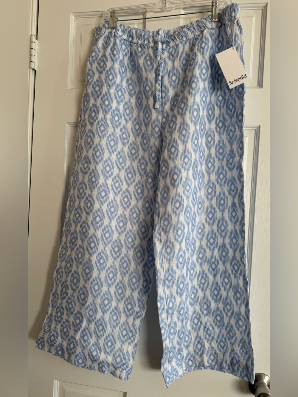 Splendid Blue and White Printed Linen Pants Drawstring Pockets